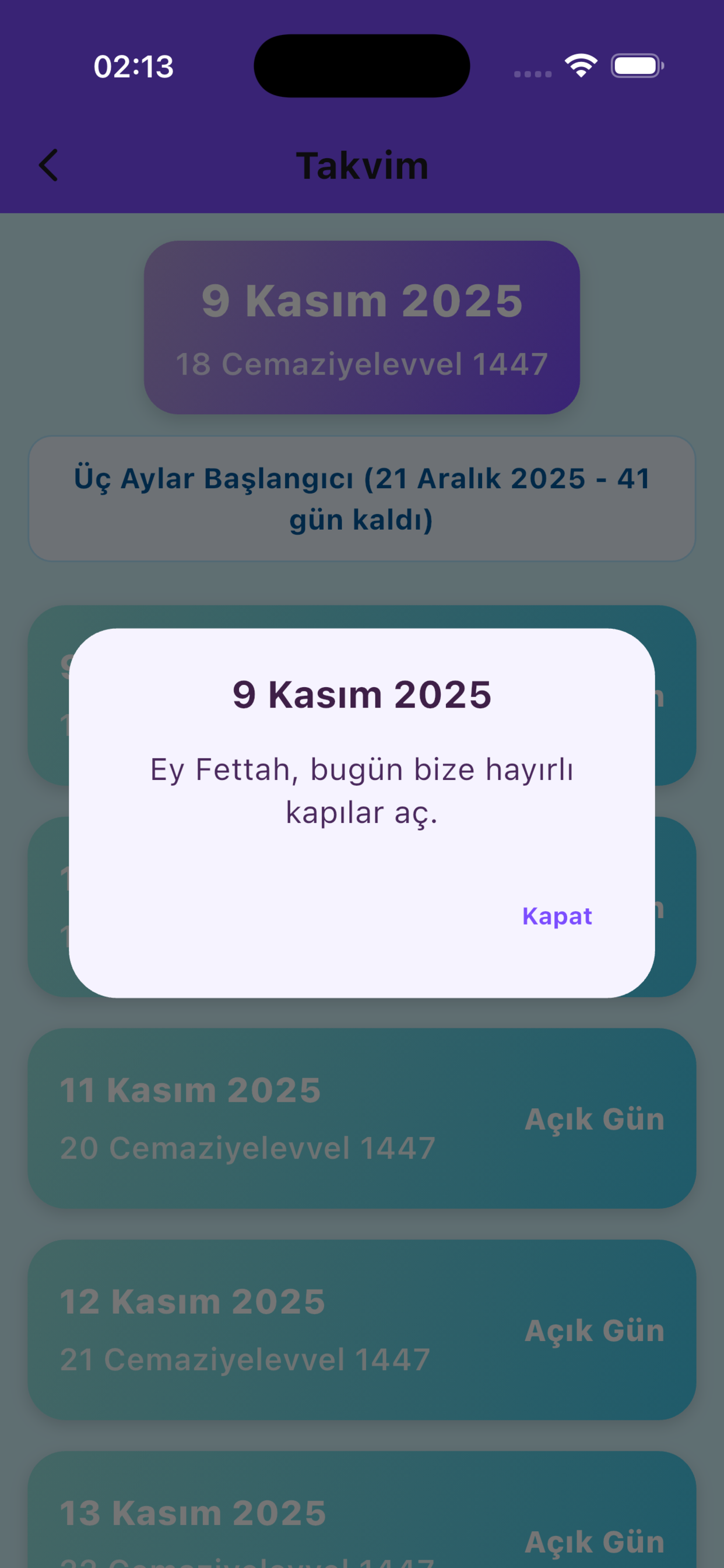 Havas takvim ekranı
